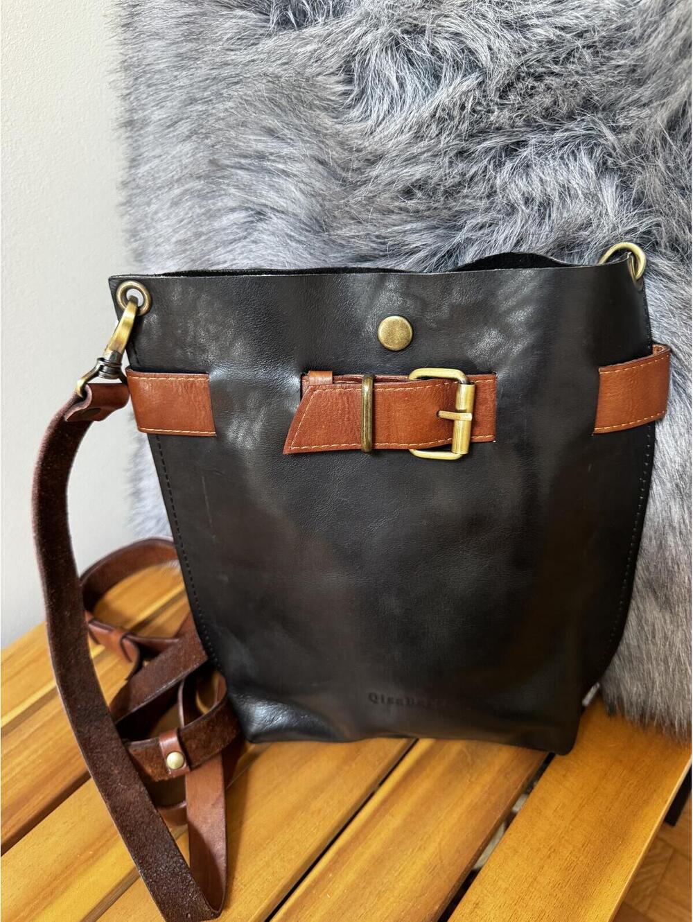 Qisa Bags Two-Tone Leather Belted Crossbody Bucket Bag